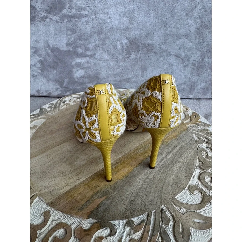Sam Edelman Hazel Mustard Yellow White Floral Crochet Pointed Toe Pumps Heels - Picture 3 of 5